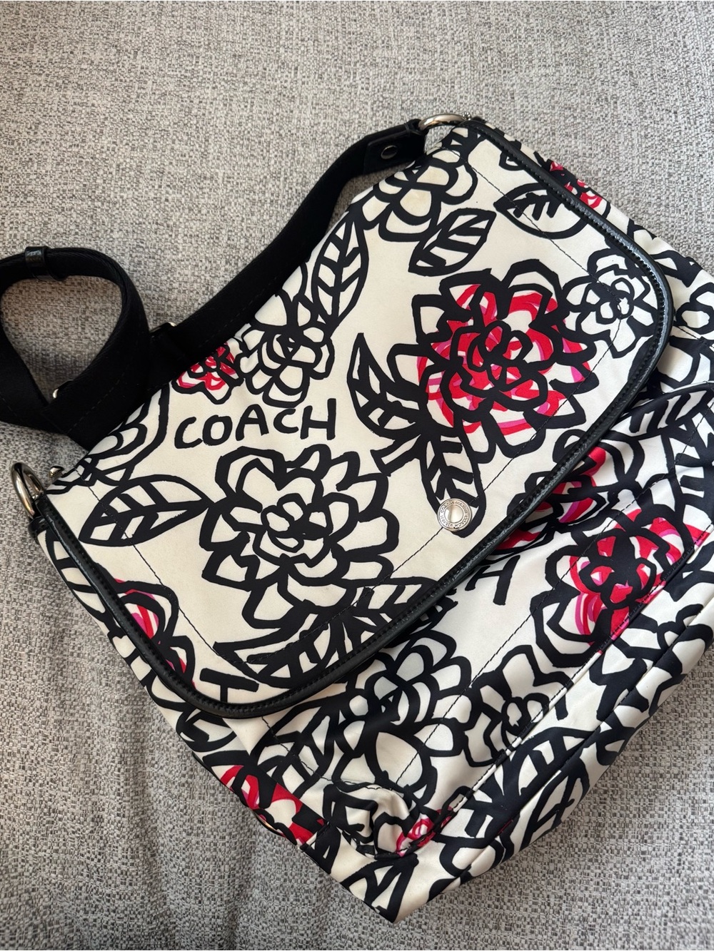 Coach Kyra Floral Nylon Crossbody Bag in White with Black & Red Accents